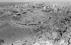 An aerial view of the stadium used as an ammunition supply site for the PLO after Israeli airstrikes in 1982