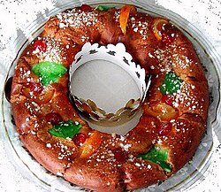 A Spanish Roscón de reyes, or Kings' ring. This pastry is just one of the many types baked around the world for celebrations during the Twelve Days of Christmas and Twelfth Night.