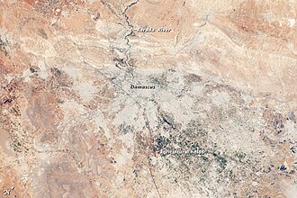 Annotated view of Damascus and surroundings from space.[44]