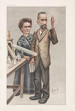 Caricature of Marie and Pierre Curie, captioned "Radium", in the London magazine Vanity Fair, December 1904