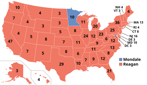President Reagan defeated Democrat Walter Mondale in the 1984 presidential election. President Reagan was reelected in one of the largest landslide election victories in American history, winning 59% of the popular vote, receiving 54,455,472 votes to Mondale's 37,577,352 votes. President Reagan won an even larger Electoral College victory, winning 525 electoral votes to 13 for Mondale.