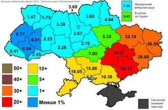 Opposition Bloc support (% of the votes cast) in different regions of Ukraine in the 2014 parliamentary election.