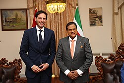 President Chan Santokhi (right) with Dutch politician Wopke Hoekstra, visiting to celebrate Ketikoti 2023 in Paramaribo