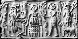 Ancient Sumerian cylinder seal impression showing Dumuzid being tortured in the underworld by the galla demons