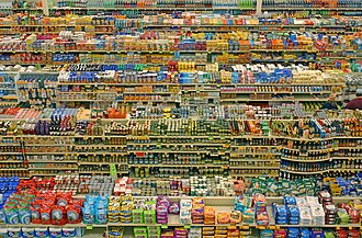 Packaged food aisles of supermarket in Portland, Oregon, United States