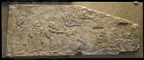 Babylonian prisoners under the surveillance of an Assyrian guard, reign of Ashurbanipal 668–630 BC, Nineveh, British Museum ME 124788