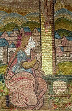 Adam was believed to have been buried on Mount Calvary. Silk embroidery (17th century).