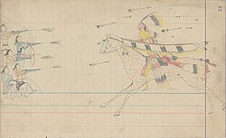 Ledger drawing of a mounted Arapaho warrior fighting a group of Navajo or Pueblo warriors, c. 1880