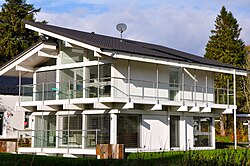 A modern prefabricated building made by Huf Haus, often sold as "Fachwerk", near West Linton, Scotland
