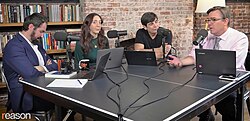 Reason editors in 2021: left to right, Peter Suderman, Katherine Mangu-Ward, Nick Gillespie, and Matt Welch