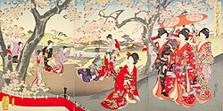 Ukiyo-e depicting women in the ōoku (大奥, great interior) enjoying the cherry blossoms