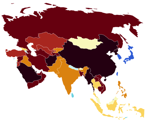 Map of 2026 V-Dem Electoral Democracy Index for Asia, higher values more democratic[101] 0.90–1.00 0.80–0.89 0.70–0.79 0.60–0.69 0.50–0.59 0.40–0.49 0.30–0.39 0.20–0.29 0.10–0.19 0.00–0.09 No data