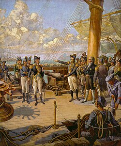 Pedro I (on the right) ordering the Portuguese chief Jorge Avilez to withdraw from Rio de Janeiro towards Portugal, when the attempt of the Portuguese troops to control the city failed
