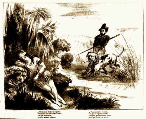 Argentina awakes dangerous beast. Bartolomé Mitre and Carlos Tejedor (a noisy dog) disturb a sleeping lion (Brazil) and its sentinel the press. (Semana Illustrada, 29 June 1872.)