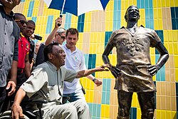 Pelé in a wheelchair at the unveiling of his statue in Rio de Janeiro in 2018