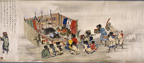 The Ainu Iomante ceremony (bear sending). Japanese scroll painting, circa 1870