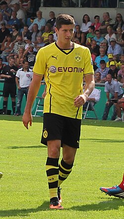 Lewandowski playing for Borussia Dortmund in 2013