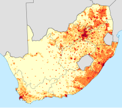 Map of population density in South Africa <1 /km2 1–3 /km2 3–10 /km2 10–30 /km2 30–100 /km2 100–300 /km2 300–1000 /km2 1000–3000 /km2 >3000 /km2