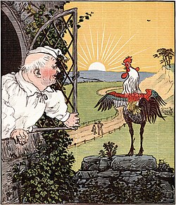 illustration of crowing rooster facing the rising sun with a man, dressed in a nightcap and a sleeping gown, leaning out the window. Background shows two small figures walking along a fenced road.