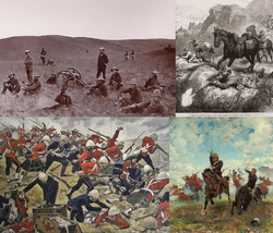 Major events during the First Boer War, Clockwise from left; Aftermath of the Battle of Elandsfontein, Boer commandos engaging British, British holding defensive positions at Majuba Hill, British Cavalry charge during the engagement at Laing's Nek.