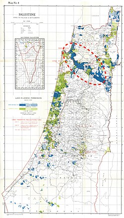 The Sursock Purchases (see red dotted circle) illustrated on a map of Jewish land purchase in Palestine as at 1944; the dark blue represents land then owned by the Jewish National Fund, of which most in the circled area had been acquired under the Sursock Purchases.