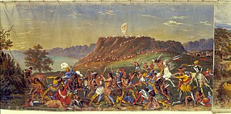 The Natchez Revolt of 1729 with Fort Rosalie in the background from a panoramic painting by John Egan, circa 1850