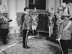 Auchinleck receiving the Star of Nepal in October 1945 from the King of Nepal, Tribhubana Bir Vikram Sah