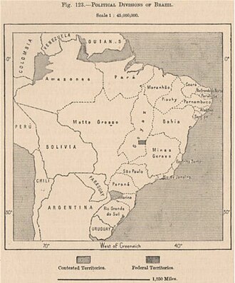 By 1889, most of Brazil's borders had been established by international treaties, with a few contested areas[A]