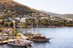 Bodrum in Turkish Riviera. Bodrum peninsula is a high-end spot for vacationers.[323]