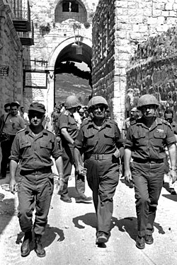 From left, General Uzi Narkiss, Defense Minister Moshe Dayan, and Chief of Staff Lt. General Yitzhak Rabin in the Old City of Jerusalem after its fall to Israeli forces