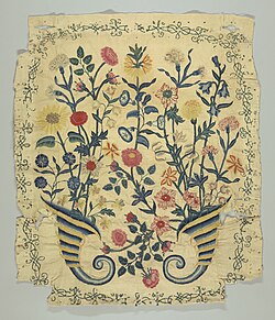 Multi-colored crewel wool threads on a panel of linen warp and cotton weft, 18th century English