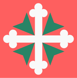 Tilted Maltese cross of the Order of Saints Maurice and Lazarus,[citation needed] founded in 1572 as an amalgamation and successor of the Order of Saint Lazarus with the Order of Saint Maurice, founded in 1434.