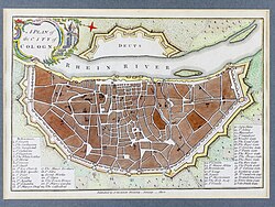 A plan published in 1800 shows the medieval city wall still intact, locating 16 gates (Nr. 36–51 in the legend), e.g., 47: Eigelsteintor, 43: Hahnentor, 39: Severinstor.