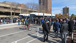 Opening-day crowd at Cathedral Square stop