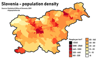 Population density in Slovenia by municipality. The four main urban areas are visible: Ljubljana and Kranj (centre), Maribor (northeast) and the Slovene Istria (southwest)