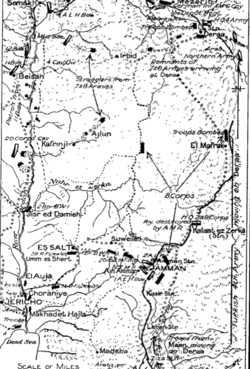 Gullett's Map 43 shows the Jordan River from the Dead Sea and Jericho to Semakh and the Pilgrims Road from Ziza to Deraa with the 4th Light Horse Brigade at Samakh, retiring Ottoman columns, the Ottoman Fourth Army headquarters at Deraa and Chaytor's Force at Amman on 25 September