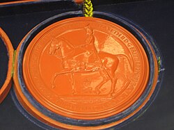Wax impression of a Great Seal of the Realm (that used 1953–2001), which is affixed to all letters patent creating new peerages