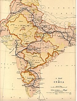The railway network of India in 1871, all major cities, Calcutta, Bombay and Madras, as well as Delhi, are connected.