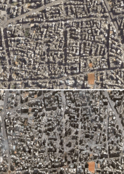 Satellite photographs of the Haret Hreik, a Hezbollah-dominated neighborhood Dahieh district of southern Beirut, Lebanon, before and after 22 July 2006. The neighborhood is home to Hezbollah's headquarters. See also high-resolution photographs before and "after". Archived from the original on 21 August 2007.