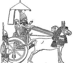 Line-drawing of a relief depicting Sennacherib (r. 705–681 BCE) on campaign in a chariot
