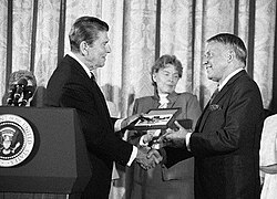 Sinatra being awarded the Presidential Medal of Freedom by President Ronald Reagan in 1985.