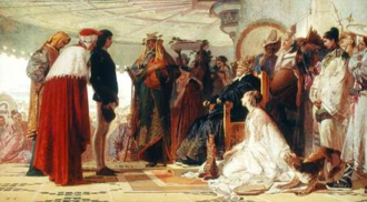 Niccolò, Maffeo, and Marco Polo at the court of Kublai Khan; painting by Tranquillo Cremona, 1863