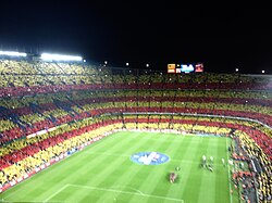 The Camp Nou, home of FC Barcelona, creating an enormous mosaic of the Senyera before a match with Real Madrid