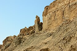 Mount Sodom, Israel, showing the so-called "Lot's Wife" pillar (made of halite like the rest of the mountain)