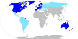 A map of the "Western world" based-on Samuel P. Huntington's 1996 Clash of Civilizations. In turquoise are the Orthodox World and Latin America, which are either a part of the West or distinct civilizations intimately related to the West.