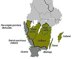 Map of historical Götaland, the areas of the Geats, which politically merged with the Swedes to form Sweden. Note that Värmland, north of Dalsland and Västergötland, also was a part of Götaland originally, while the large island of Gotland was not. Expansions in dark gray outside the border, including Gotland.