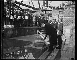 The Right Rev. James E. Freeman, Bishop of Washington, lays the cornerstone to the National Cathedral with the Washington gavel in 1929