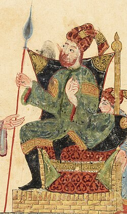 The Governor of al-Rahba. Ayyubid period. Maqamat of al-Hariri, Baghdad (1237). The red beard denotes foreigness.[137]