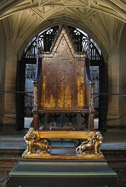 King Edward's Chair in Westminster Abbey. A 13th-century wooden oak throne on which the British monarch sits when he or she is crowned at the coronation, swearing to uphold the law and the church.