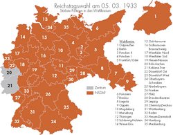 German federal election, March 1933: 33 of 35 parliamentary districts won by the Nazi Party, 2 (Cologne-Aachen, Koblenz-Trier) by the Centre Party